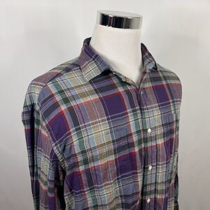 J McLaughlin XL Flannel Shirt Purple Green Plaid 100% Cotton Button Front Mens